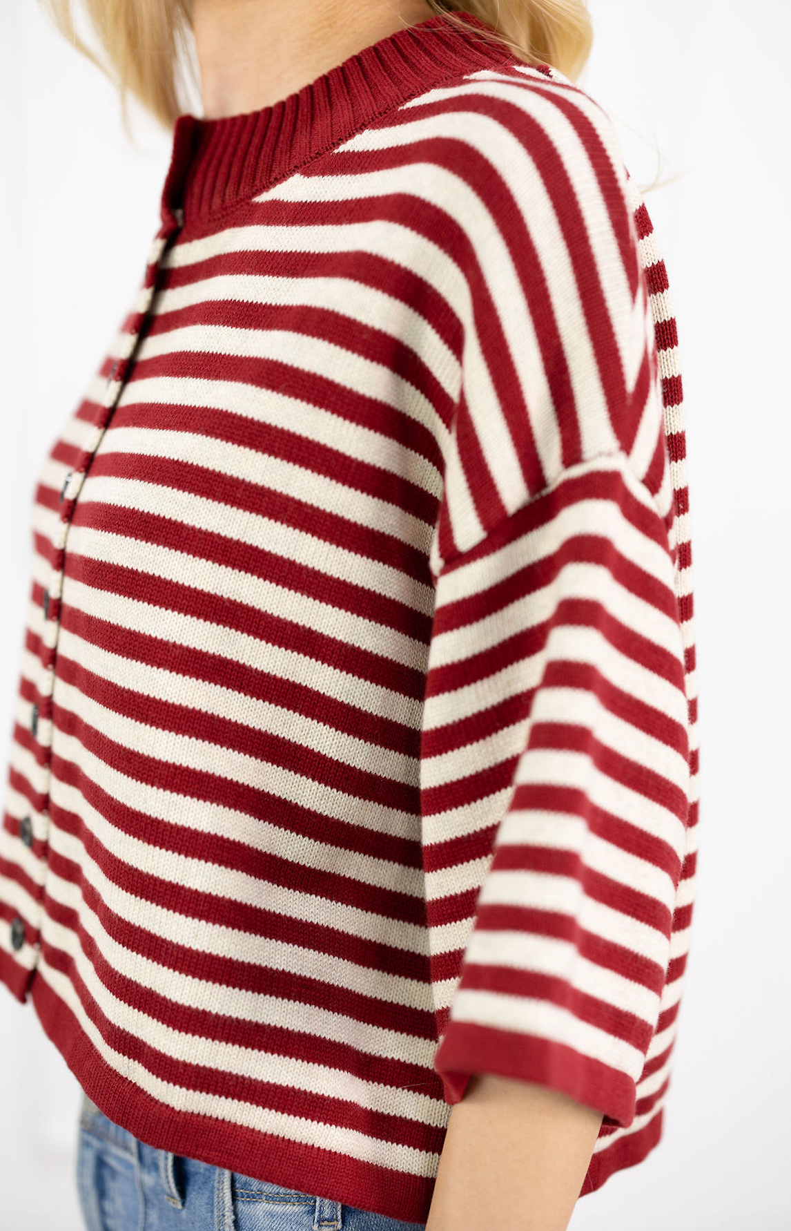 Striped Short Sleeve Cardigan Red