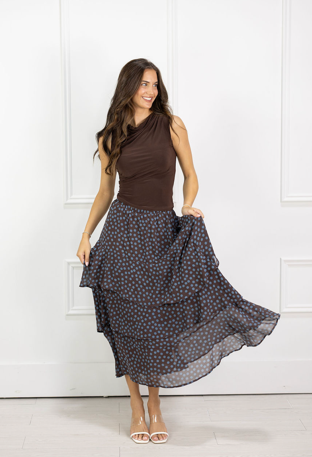 Tiered Ruffle Brown Dot Skirt