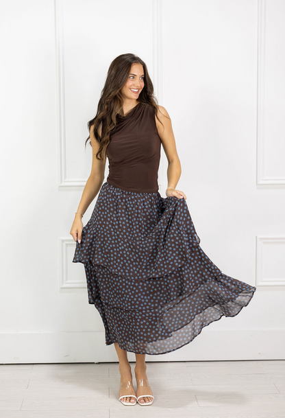 Tiered Ruffle Brown Dot Skirt