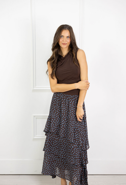 Tiered Ruffle Brown Dot Skirt
