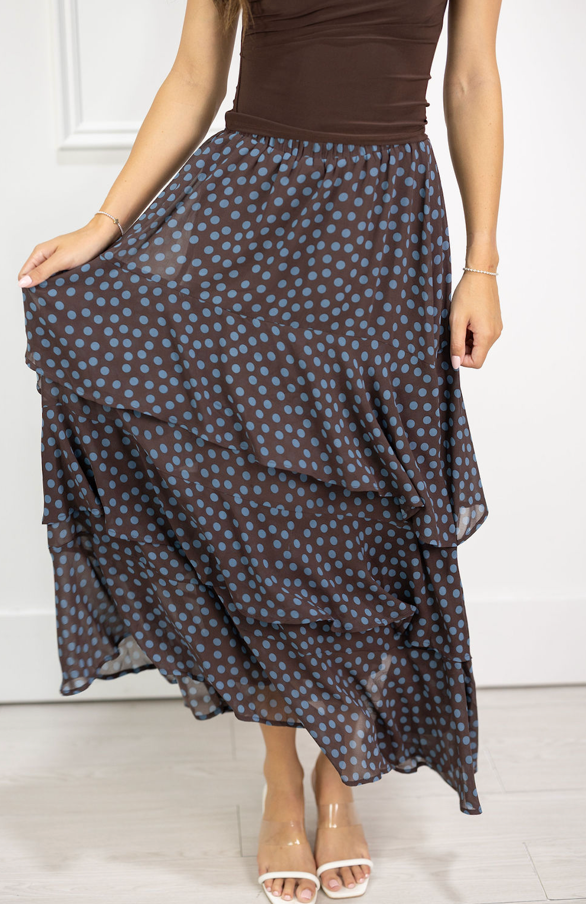 Tiered Ruffle Brown Dot Skirt