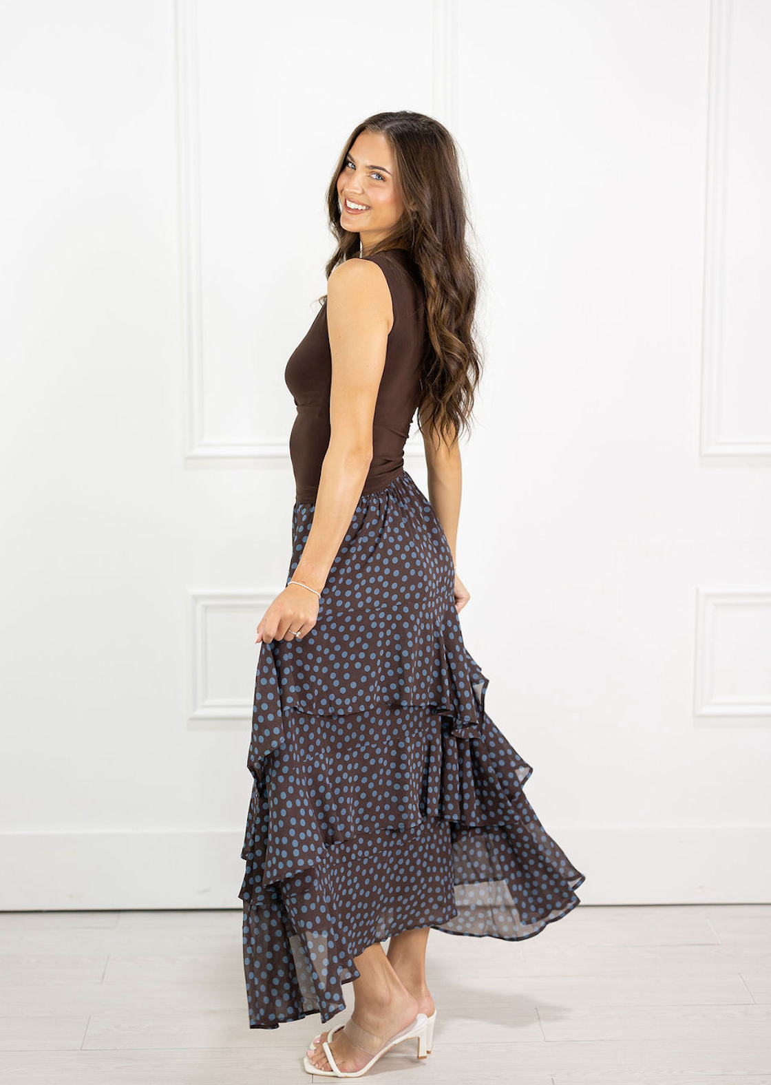 Tiered Ruffle Brown Dot Skirt
