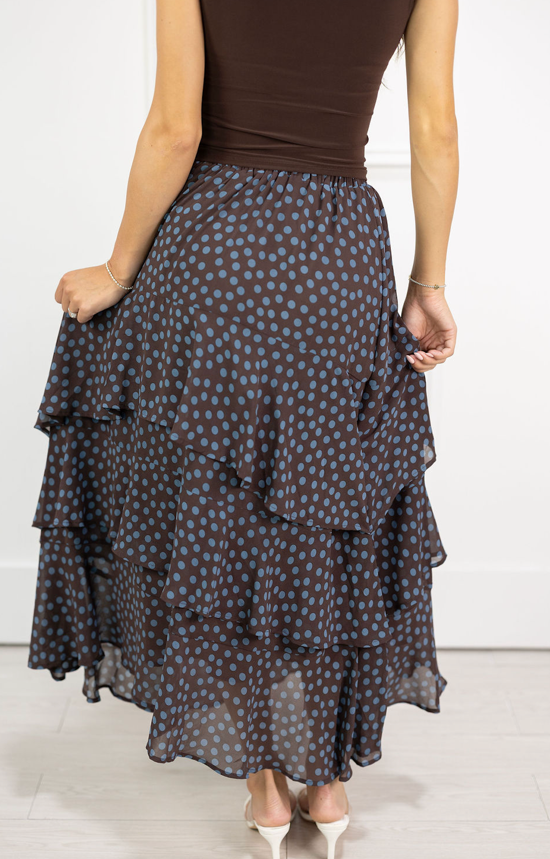 Tiered Ruffle Brown Dot Skirt