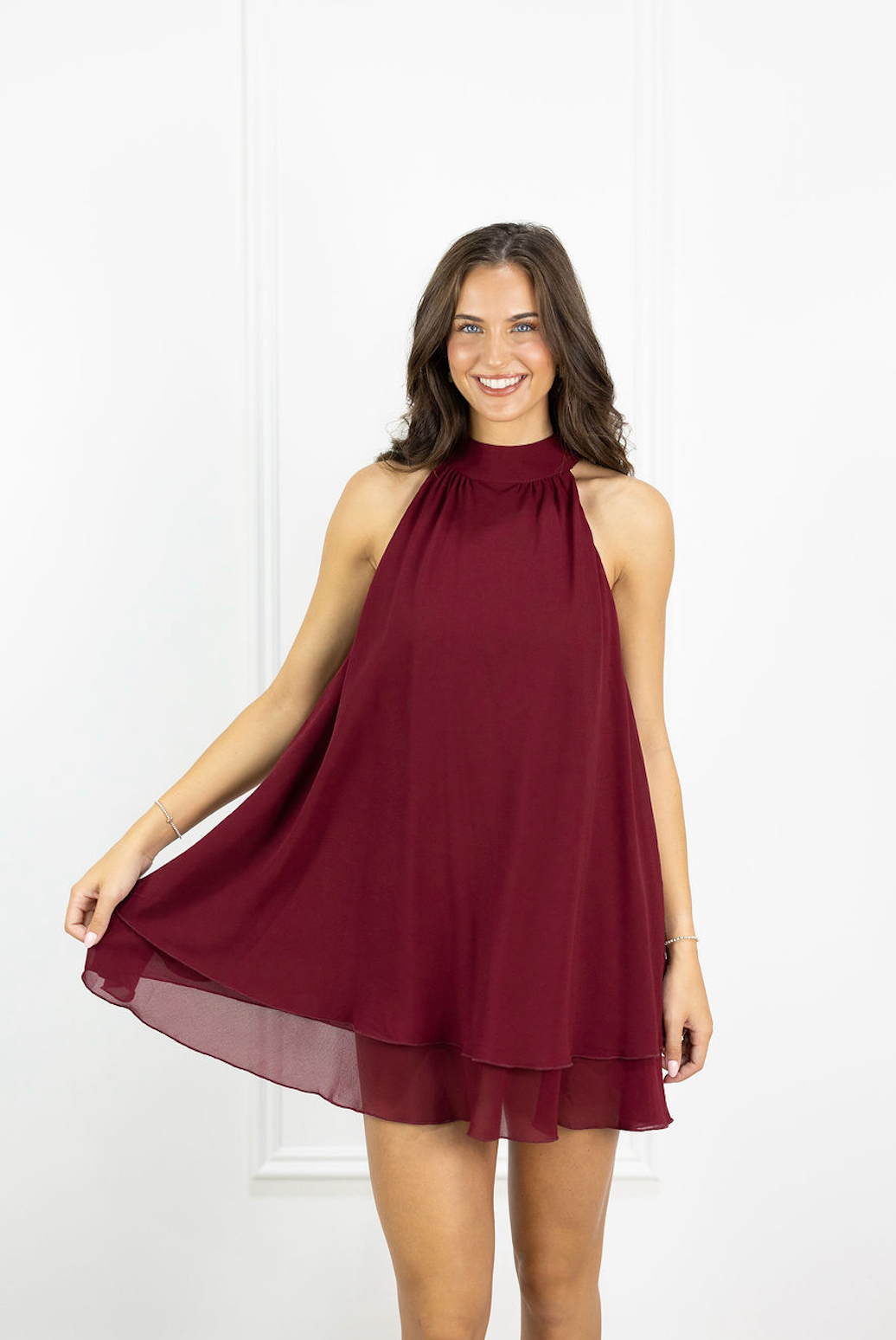 Halter Neck Tiered Dress Maroon