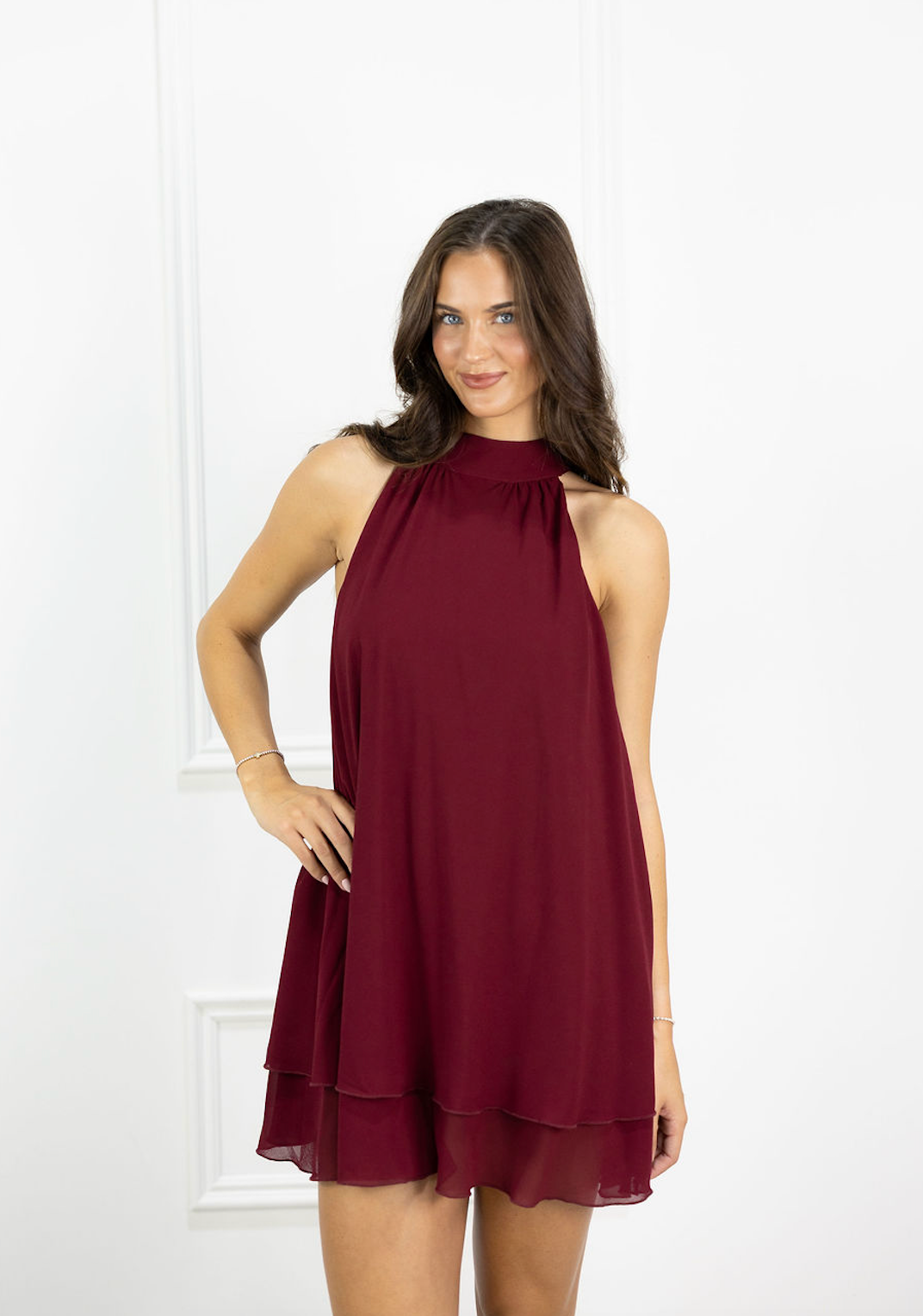 Halter Neck Tiered Dress Maroon