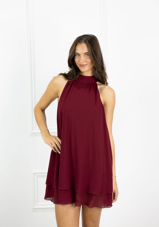Halter Neck Tiered Dress Maroon