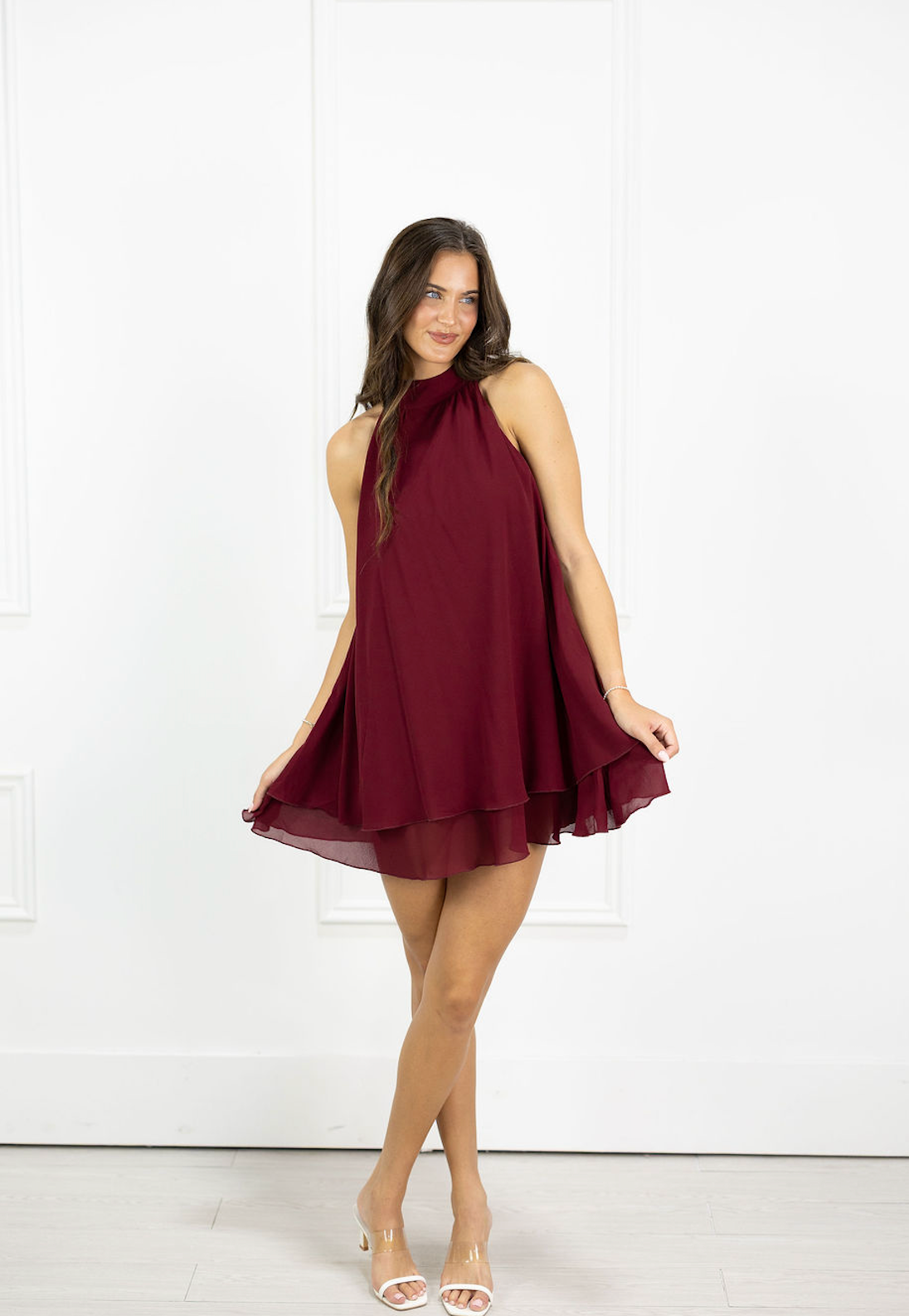 Halter Neck Tiered Dress Maroon