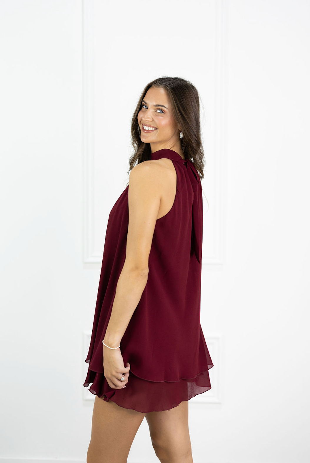 Halter Neck Tiered Dress Maroon
