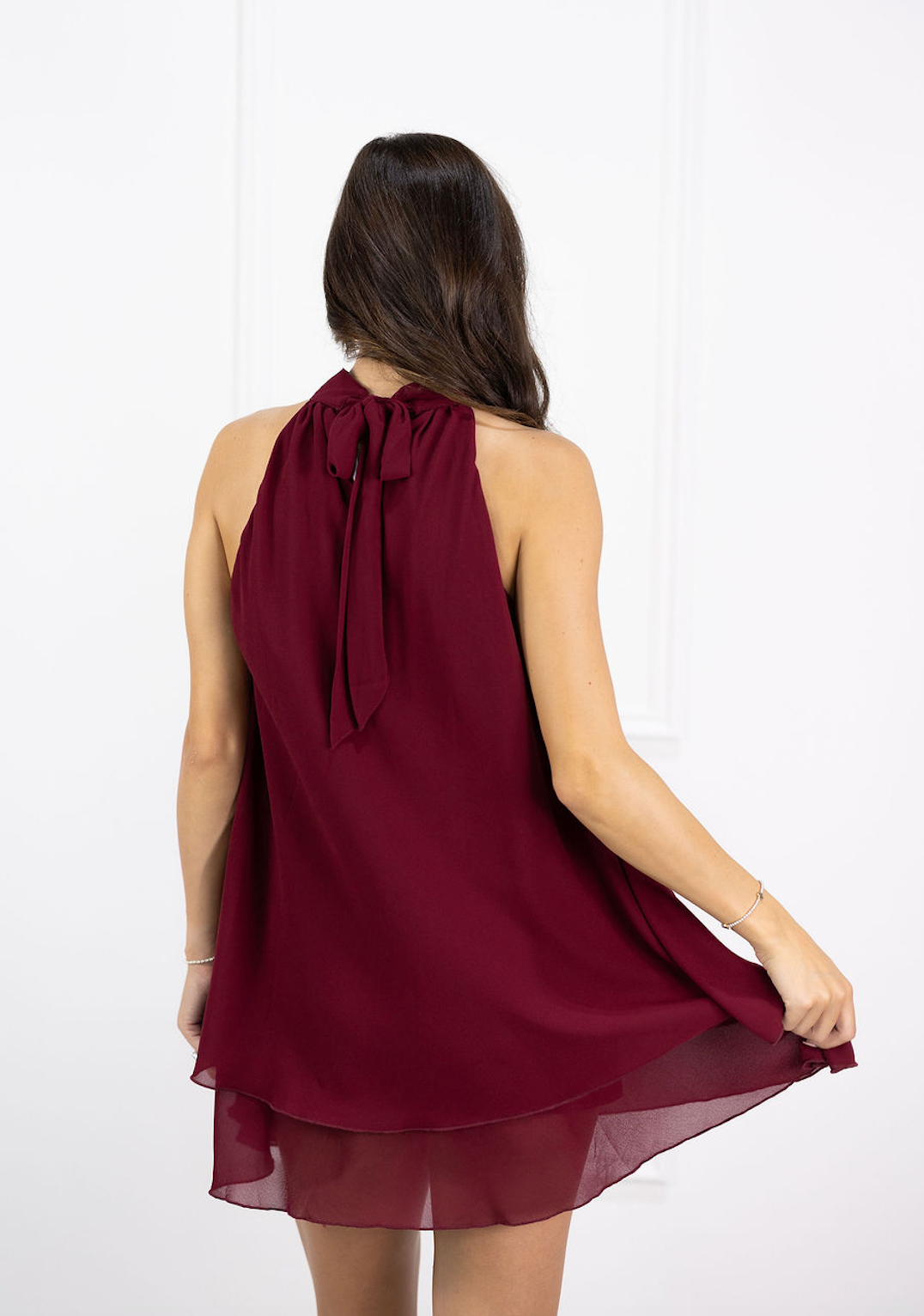 Halter Neck Tiered Dress Maroon