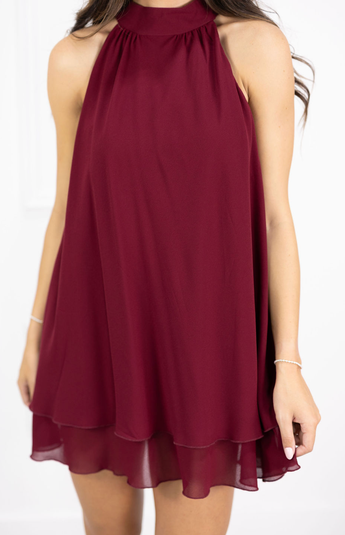 Halter Neck Tiered Dress Maroon