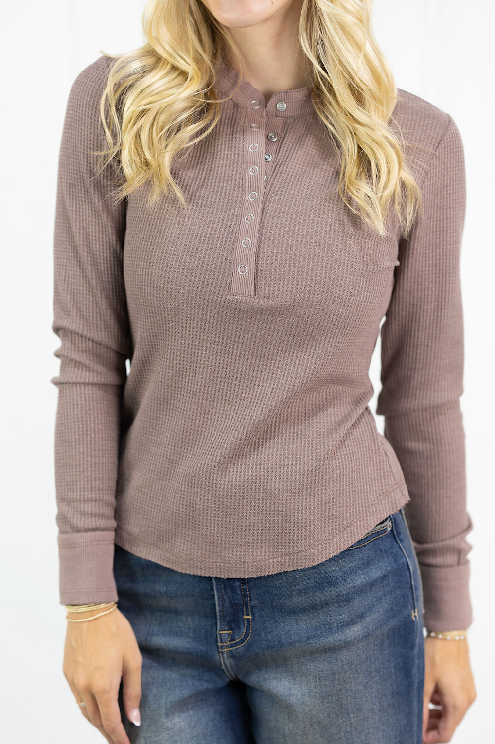 Waffle Knit Henley Top Chocolate