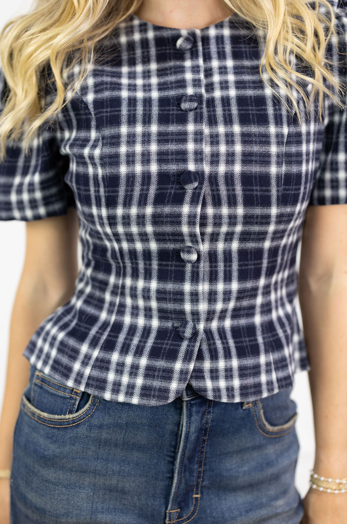 Navy Plaid Buttons Top