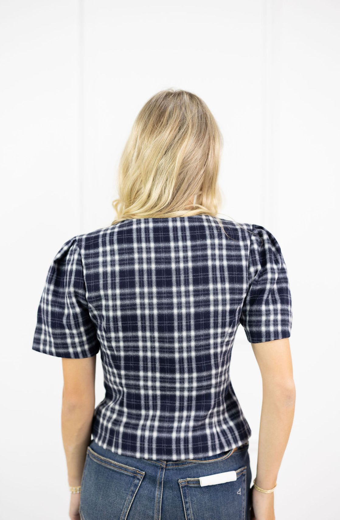 Navy Plaid Buttons Top