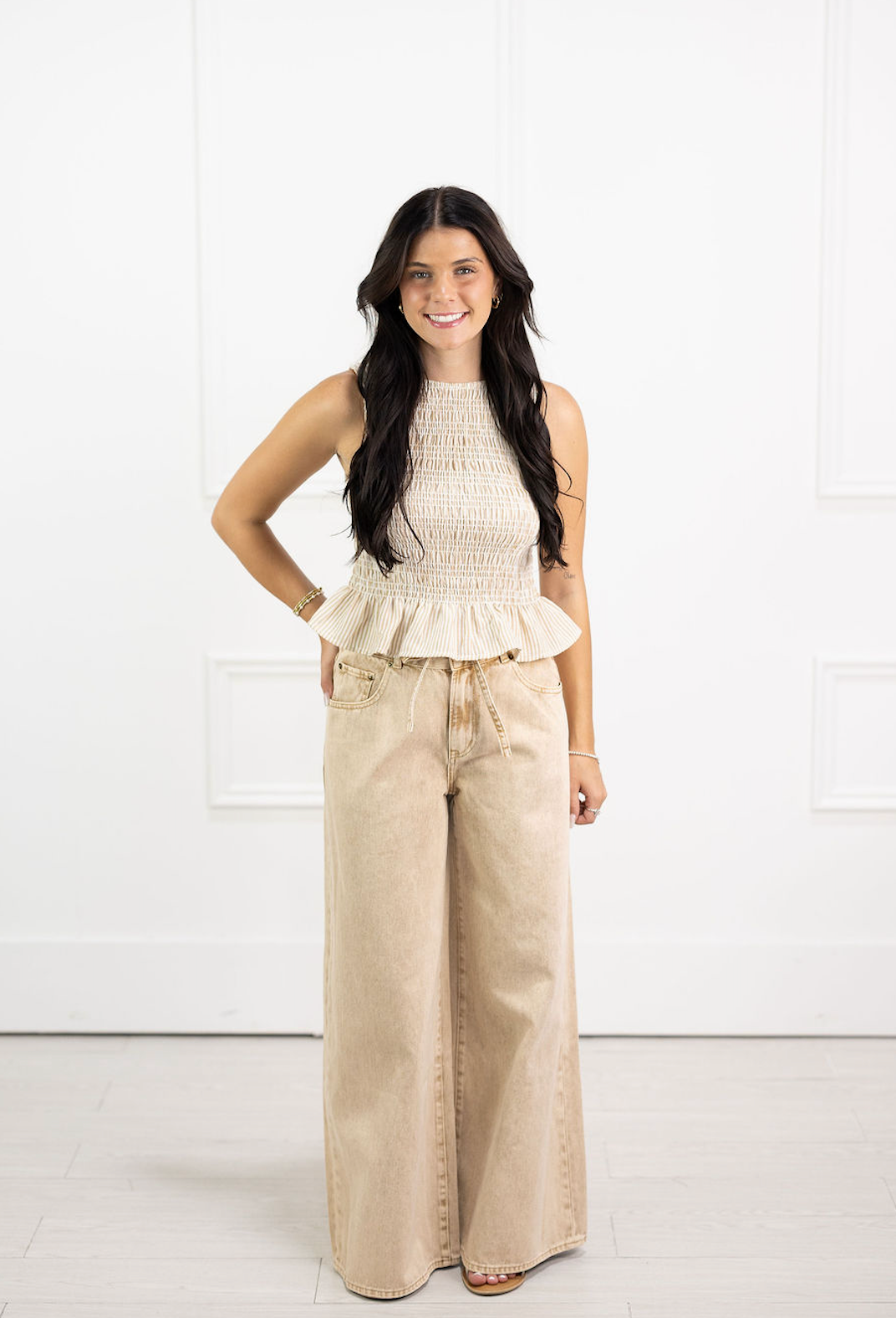 Tied Belt Washed Beige Pants