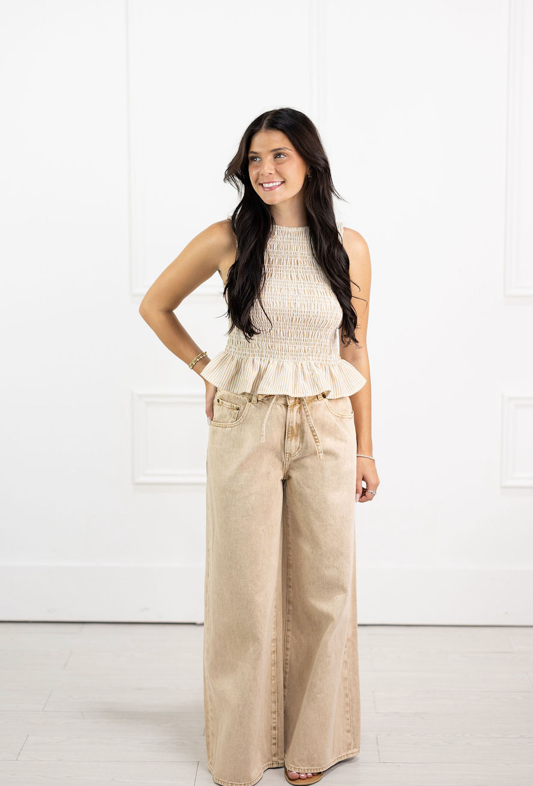 Tied Belt Washed Beige Pants