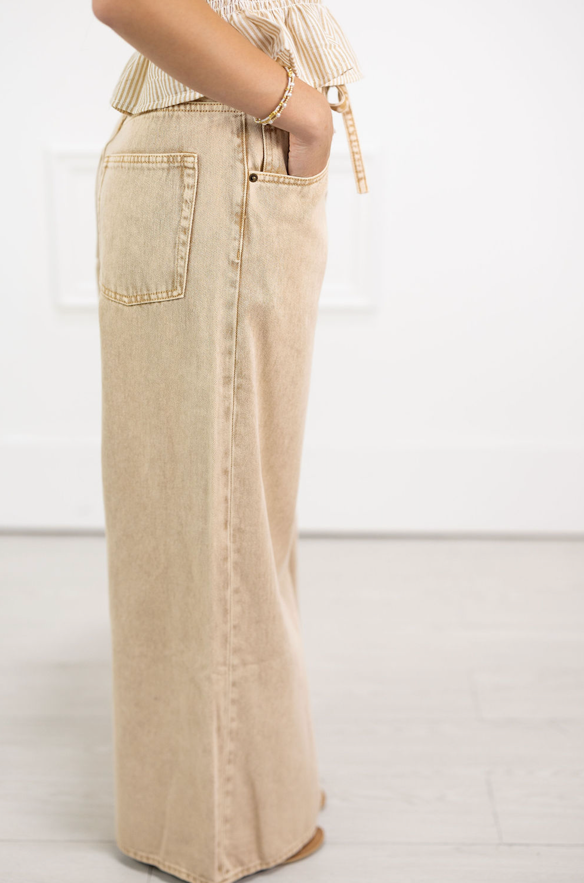 Tied Belt Washed Beige Pants