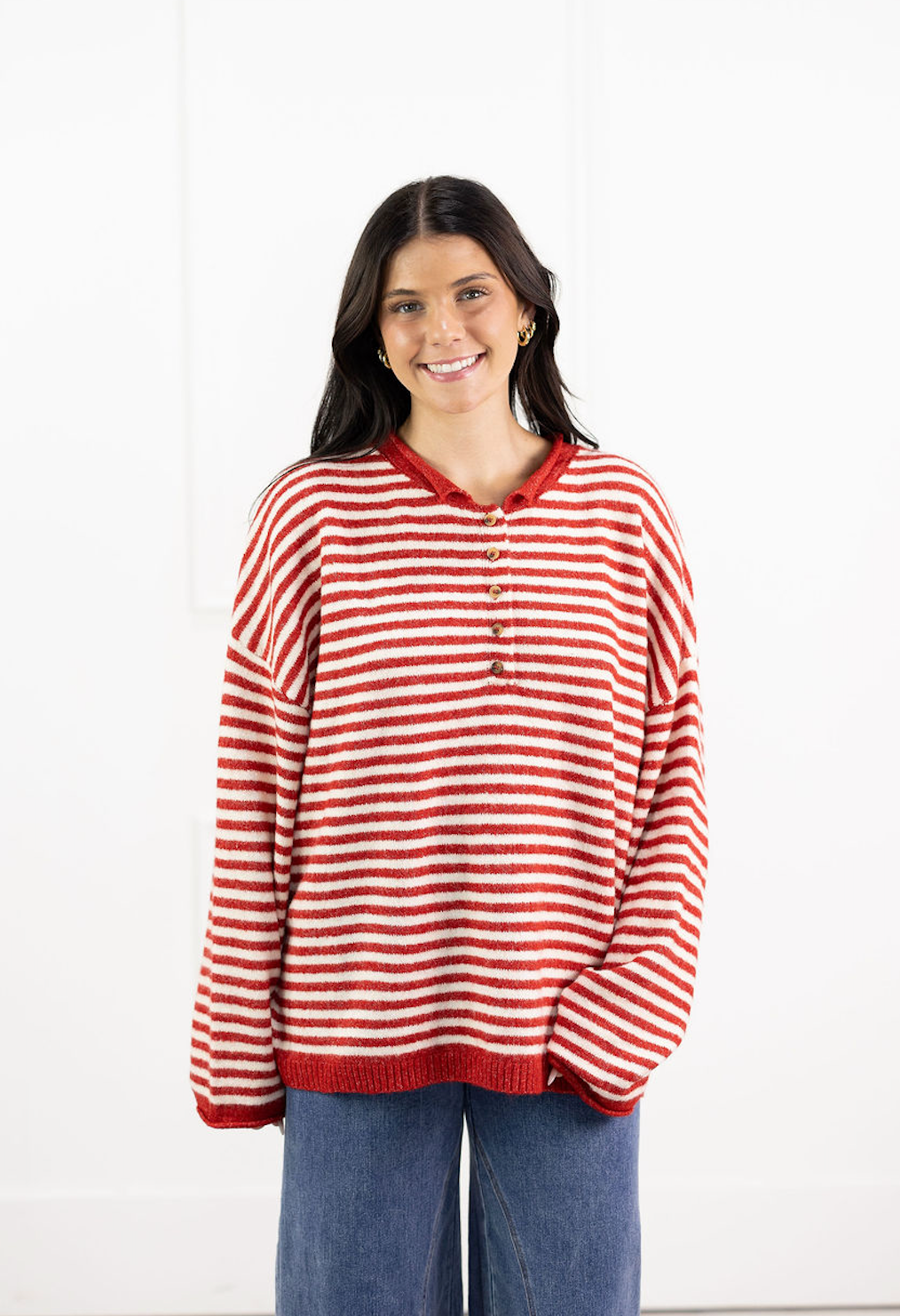 Striped Henley Sweater Red/White