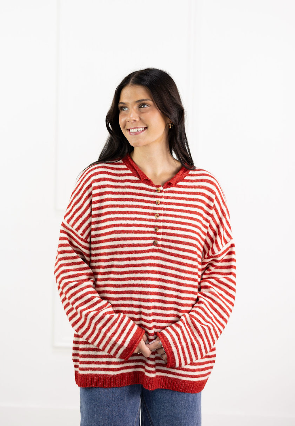 Striped Henley Sweater Red/White