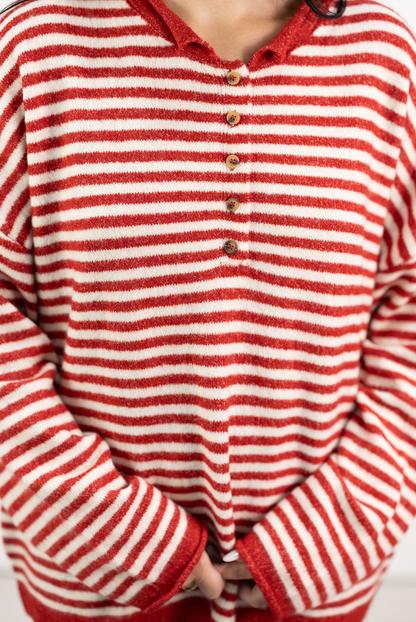 Striped Henley Sweater Red/White