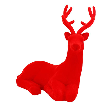 11.75'' Sitting Flocked Deer Red