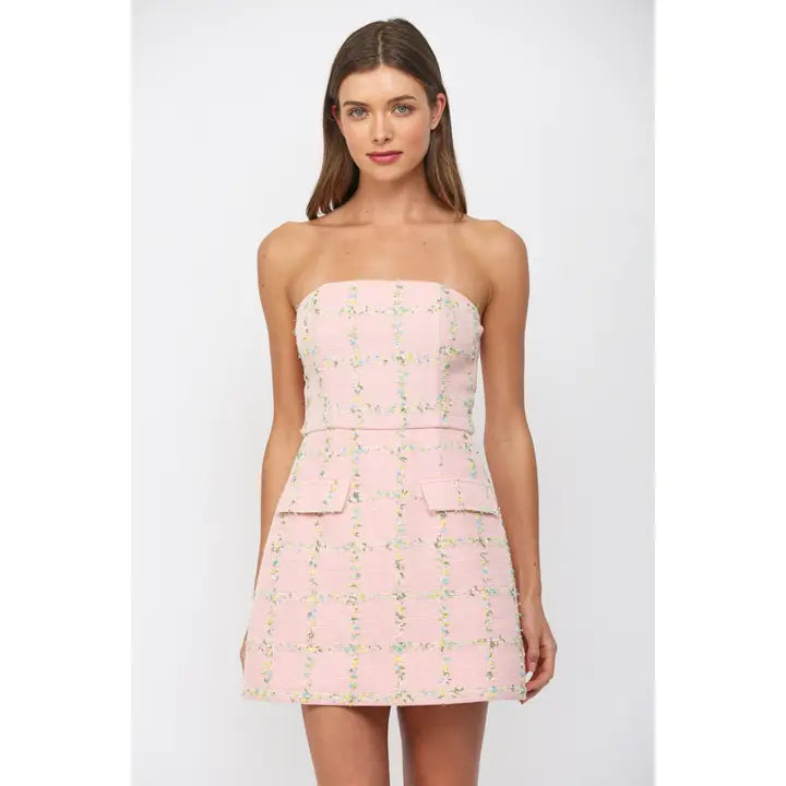 Strapless Tweed Dress Pink