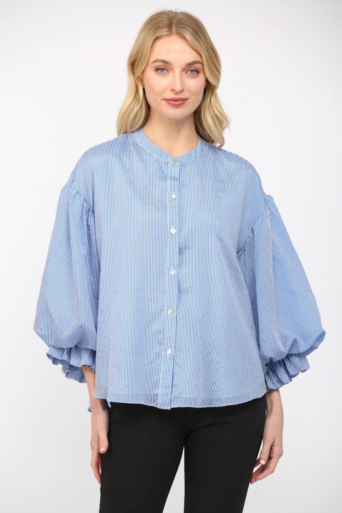 Pinstripe Bubble Sleeve Blouse Blue - Clothe Boutique