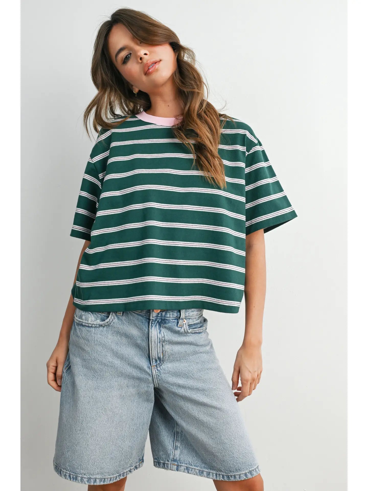 Striped Boxy T-shirt Green/Pink
