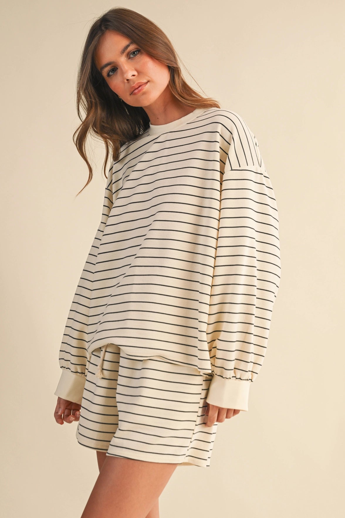 Cream Striped Pullover & Shorts Set of 2