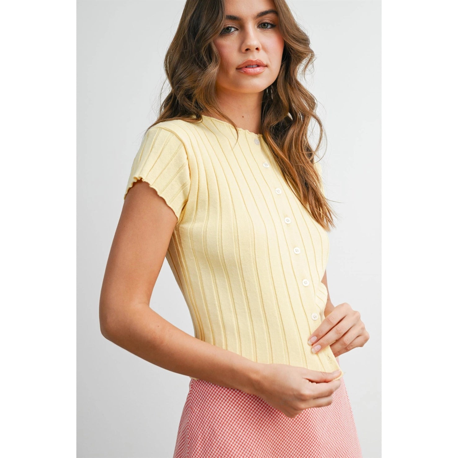 Ribbed S/S Button Top Yellow - Clothe Boutique