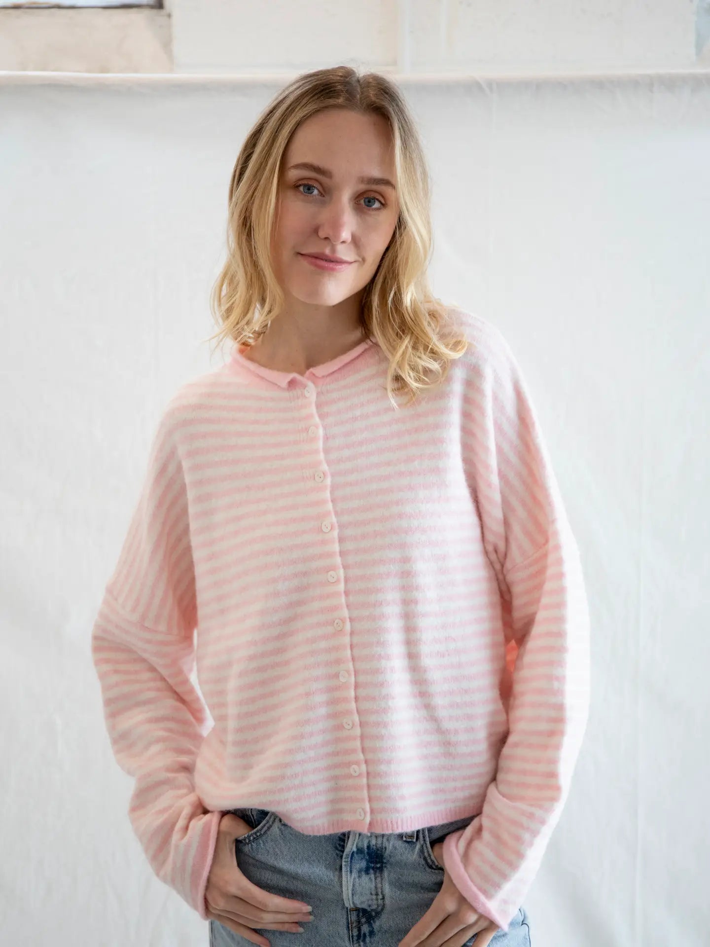 Button Down Cardi Light Pink Stripes - Clothe Boutique