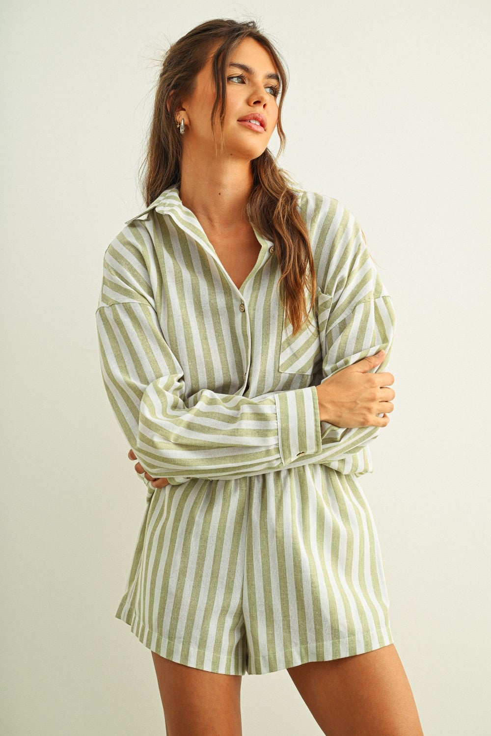 Striped Button Down Linen Shirt Sage - Clothe Boutique