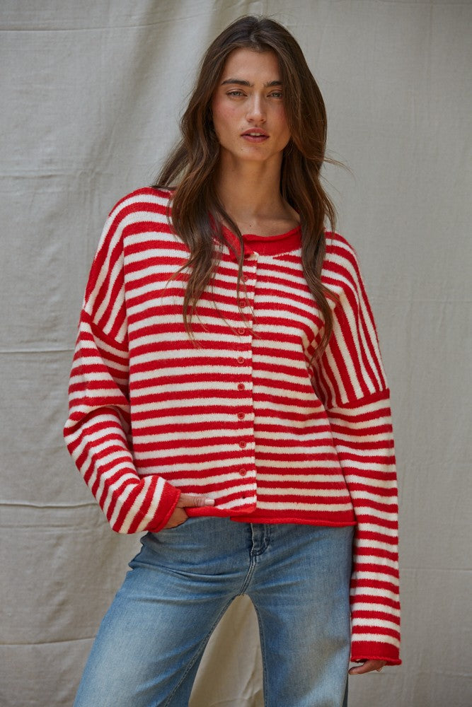 Striped Button Down Sweater Red/White