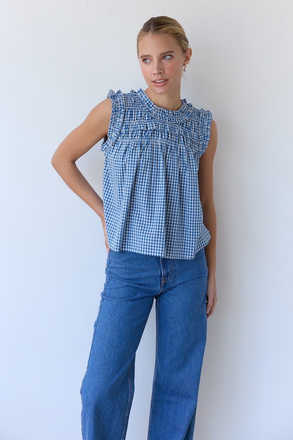 Blue Smocked Gingham Ruffle Blouse - Clothe Boutique