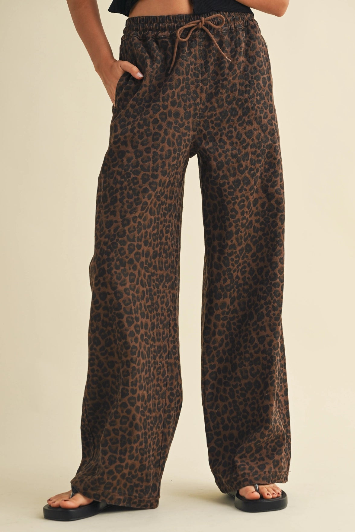 Leopard Wide Leg Denim Track Pants
