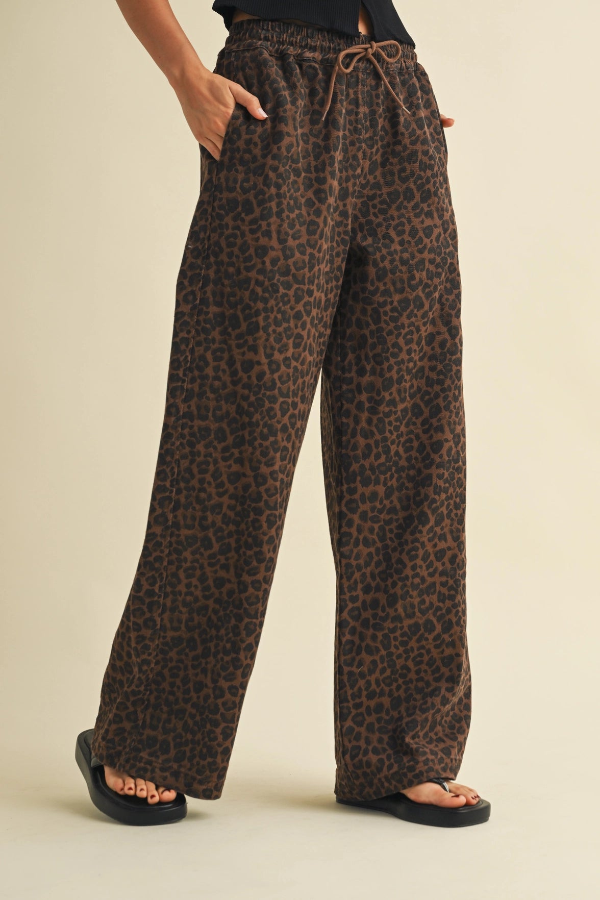 Leopard Wide Leg Denim Track Pants
