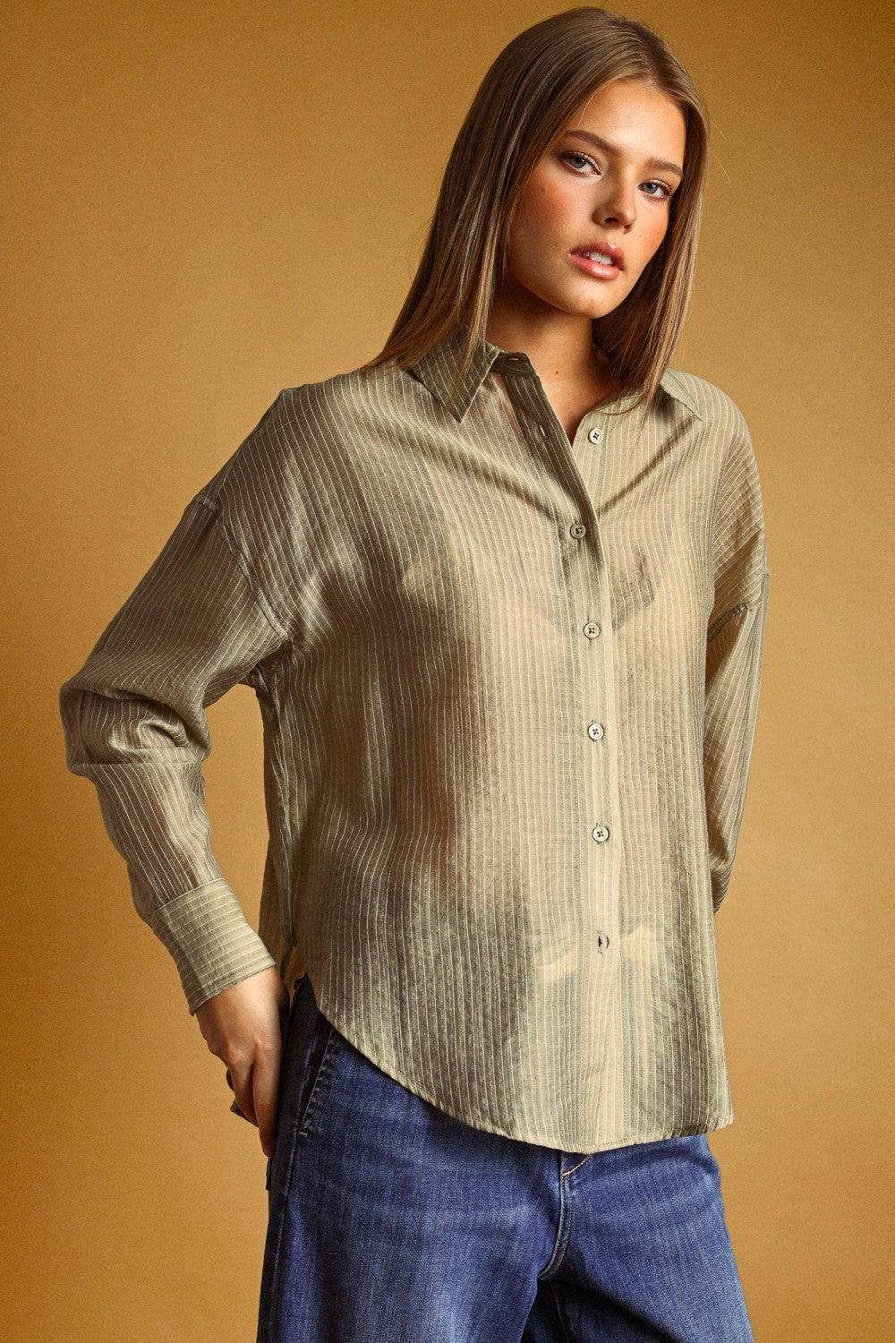 Olive Sheer Pinstripe Shirt