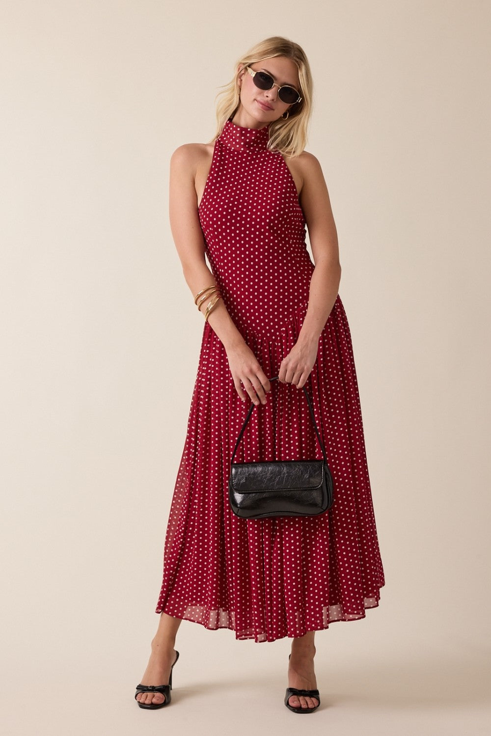 Red Polka Dot Pleated Midi Dress