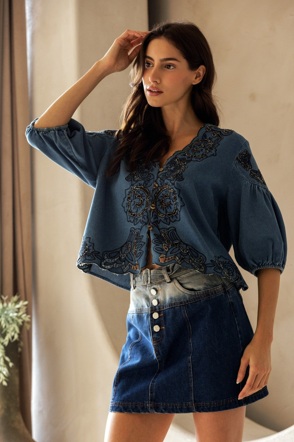 Denim Floral Eyelet Top