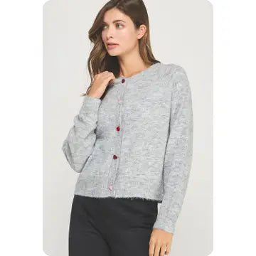 Multi Color Heart Button Cardigan Grey - Clothe Boutique