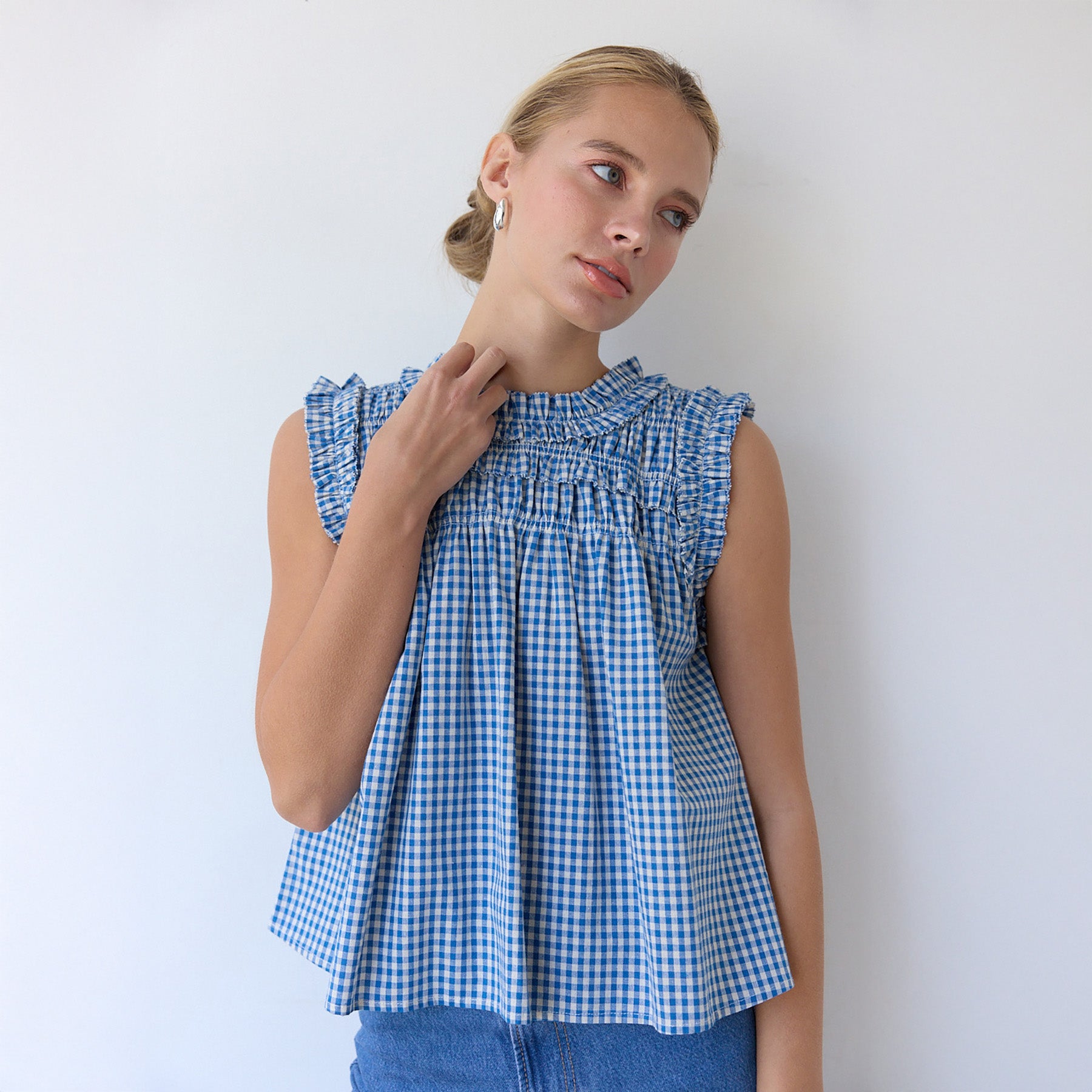 Blue Smocked Gingham Ruffle Blouse - Clothe Boutique
