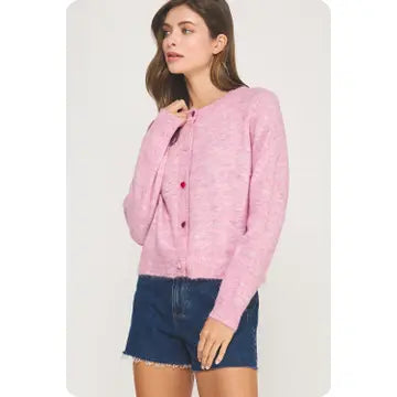 Multi Color Heart Button Cardigan Pink - Clothe Boutique