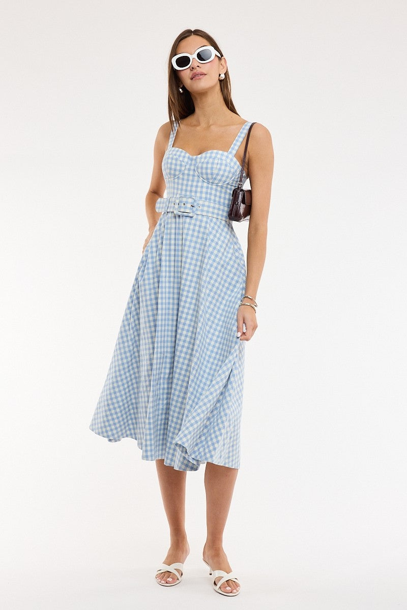 Gingham Checker Waist Belt Midi Dress Blue - Clothe Boutique