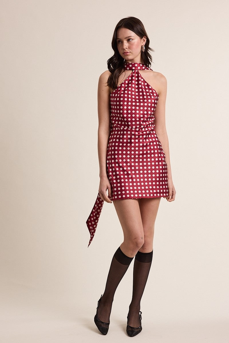 Satin Polka Dot Scarf Mini Dress Red