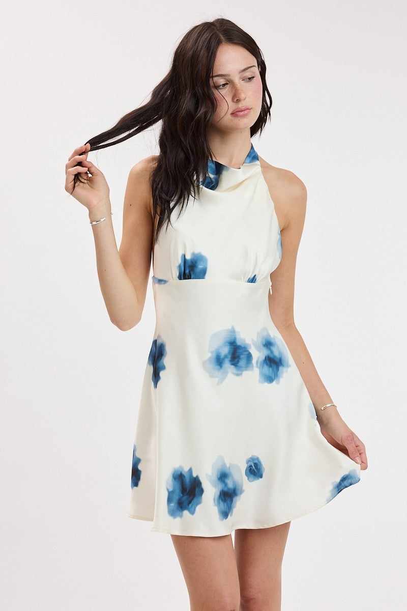 Watercolor Floral Halter Cowl Dress