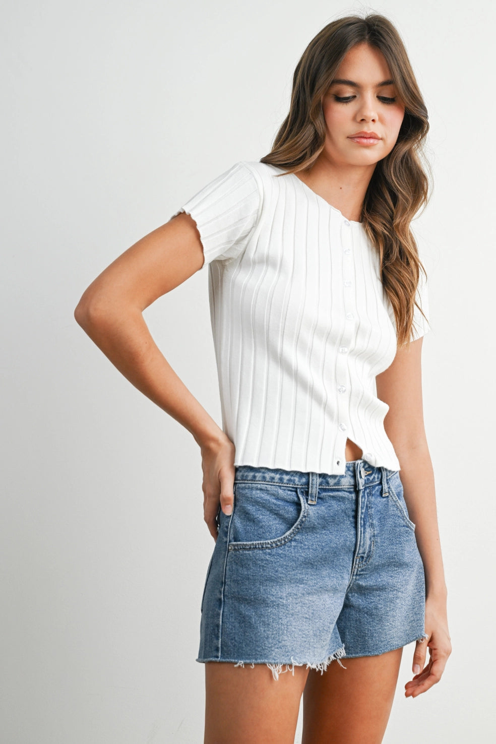 Ribbed S/S Button Top White
