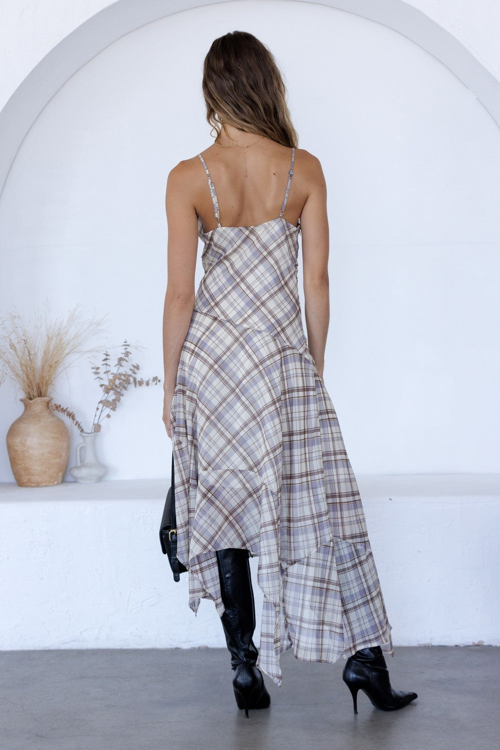 Plaid Asymmetrical Midi Dress