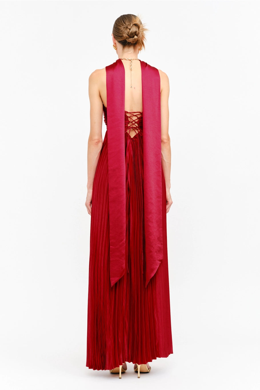 Satin Pleated Maxi Dress Red
