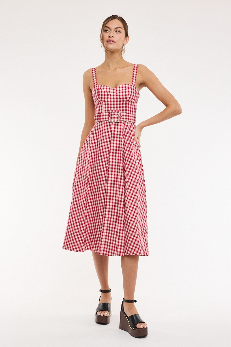 Gingham Checker Waist Belt Midi Dress Red - Clothe Boutique