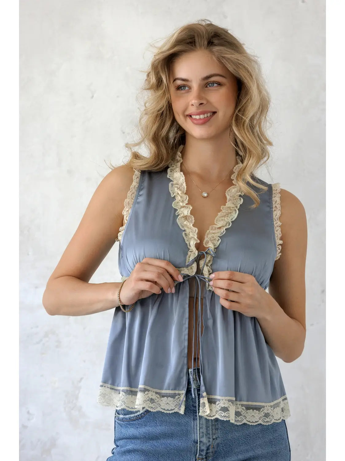 Blue/Cream Satin Babydoll Top