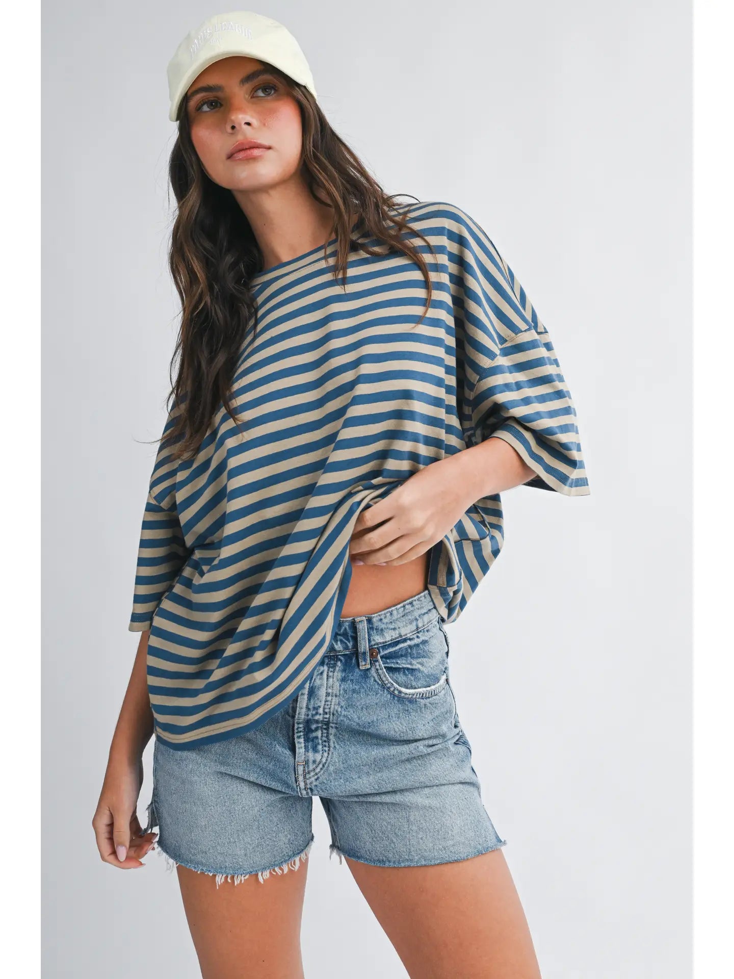 Oversized Boyfriend Stripe Tee Tan/Navy - Clothe Boutique